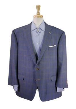 Custom Tailored Bespoke Blue Gray Windowpane 2-Btn Wool Sportcoat Blazer 50R